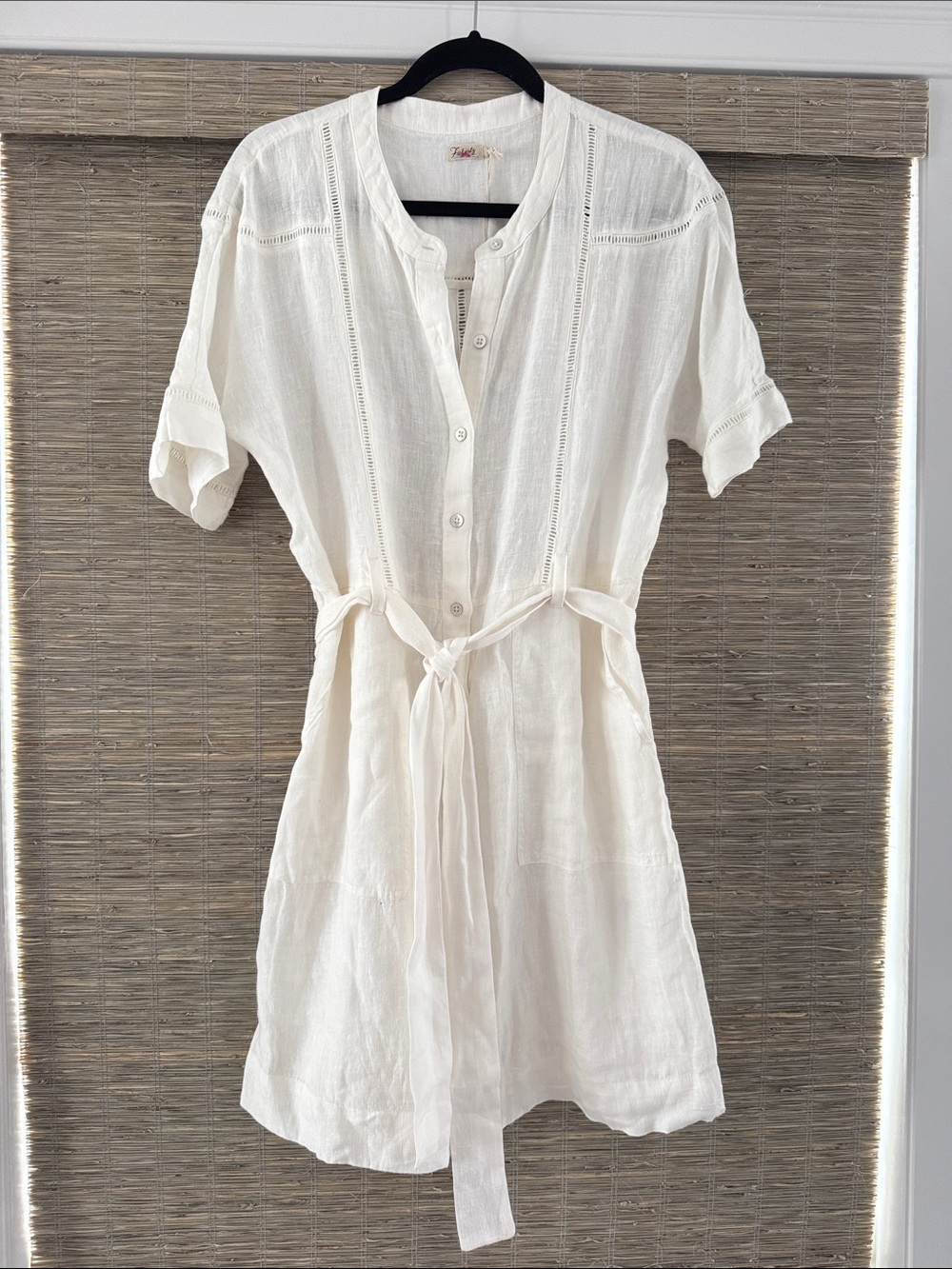 Faherty White Linen Button-Front Dress with Waist Tie